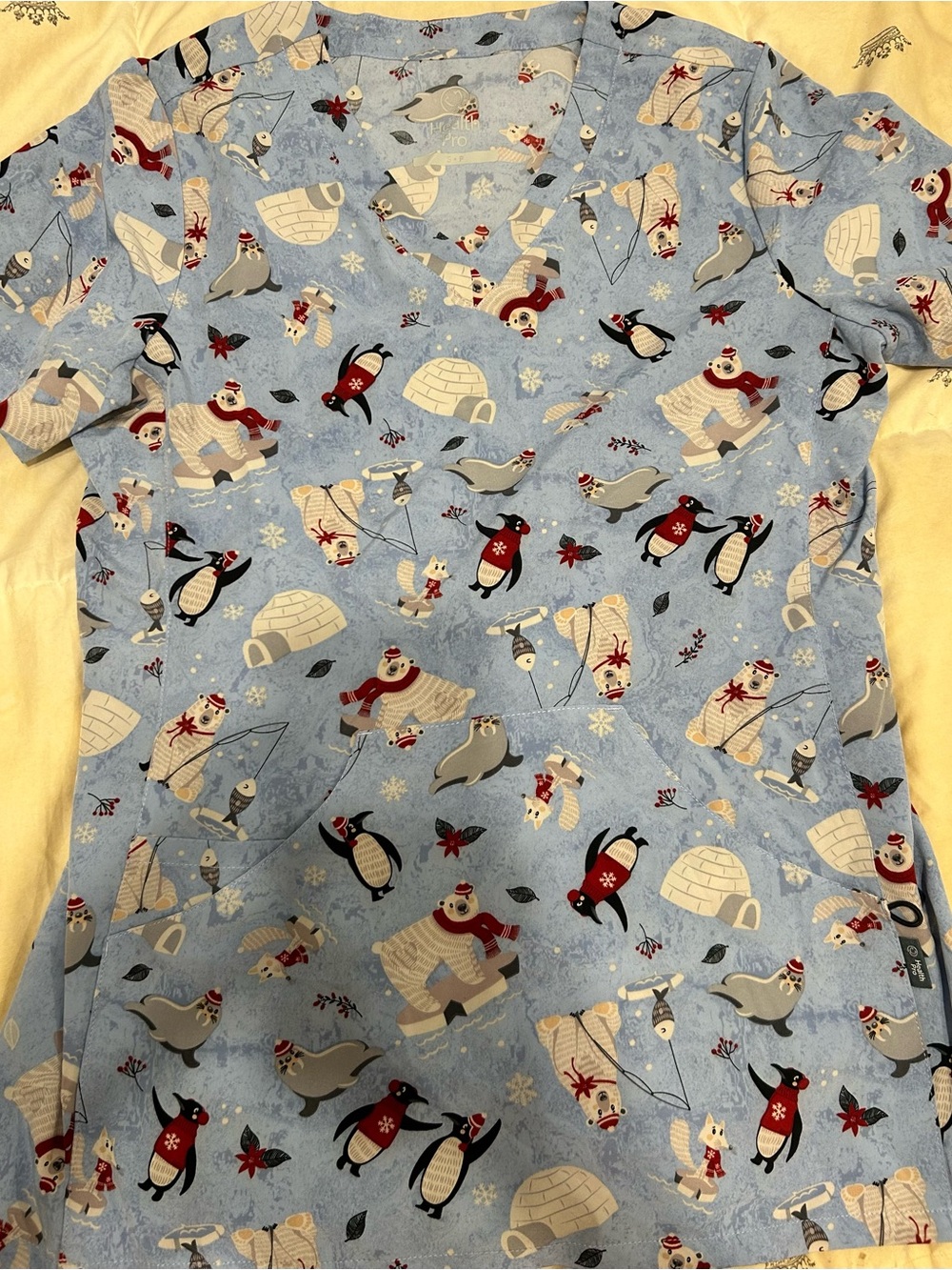 Winter Penguins & Polar Bears Scrub Top - Light Blue